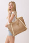 Two Tone Woven Straw Tote Bag With Tassel