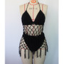 Women Beach Hand Crochet Mesh Strap Long Fringe Cutout Lace Up Sexy Backless Swimwear