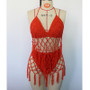 Women Beach Hand Crochet Mesh Strap Long Fringe Cutout Lace Up Sexy Backless Swimwear