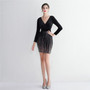 WomenElegant velvet Long Sleeve Sequins V Neck Mini Evening Dress