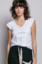 POL V-Neck Lightweight Textured Short Sleeve Knit Top with Lace Trim