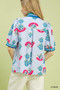Umgee Print Puff Sleeve Blouse with Contrast Trim
