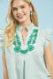 Umgee Embroidered Ruffle Sleeve Popover Top