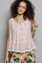 POL Lace Trim Ruffle Hem Button Detail Round Neck Sleeveless Top