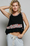 POL Floral Print Patche Round Neck Ribbed Tank with Double Gauze Ruffle Accents