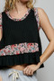 POL Floral Print Patche Round Neck Ribbed Tank with Double Gauze Ruffle Accents