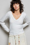 POL V-Neck Long Sleeve Ribbed Top with Lace-Accent Neckband