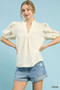 Umgee Textured Blouse with Lace Contrast Sleeves