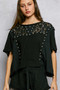 POL Lace Pearl Stud Round Neck Short Sleeve Shirt