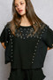 POL Lace Pearl Stud Round Neck Short Sleeve Shirt