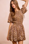 BiBi Leopard Bow Tie Attachable Puff Sleeves Dress