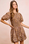 BiBi Leopard Bow Tie Attachable Puff Sleeves Dress