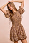 BiBi Leopard Bow Tie Attachable Puff Sleeves Dress