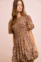 BiBi Leopard Bow Tie Attachable Puff Sleeves Dress