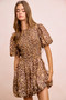 BiBi Leopard Bow Tie Attachable Puff Sleeves Dress