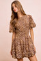 BiBi Leopard Bow Tie Attachable Puff Sleeves Dress