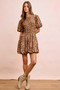 BiBi Leopard Bow Tie Attachable Puff Sleeves Dress