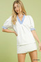 Umgee French Terry Ruffle Trim Puff Sleeve Top
