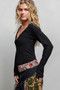 POL V-Neck Long Sleeve Ribbed Top with Lace-Accent Neckband