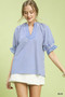 Umgee Stripe Ruffle Sleeve Split-Neck Blouse