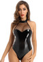 Sexy lingerie sexy female leather mesh Halter Neck Low Back jumpsuit