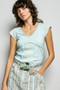 POL V-Neck Lightweight Textured Short Sleeve Knit Top with Lace Trim