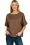 Zenana Linen Round Neck Cuffed Sleeve Top