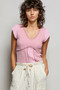 POL V-Neck Lightweight Textured Short Sleeve Knit Top with Lace Trim