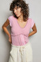 POL V-Neck Lightweight Textured Short Sleeve Knit Top with Lace Trim