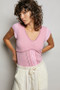 POL V-Neck Lightweight Textured Short Sleeve Knit Top with Lace Trim