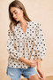 BiBi Polka Dot Corduroy Quarter Sleeves V Neck Blouse