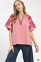 Umgee Embroidered Sleeve Contrast Trim Top