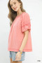 Umgee Round Neck Puff Sleeve Top with Contrast Stitch Detail