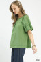 Umgee Round Neck Puff Sleeve Top with Contrast Stitch Detail