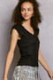 POL V-Neck Lightweight Textured Short Sleeve Knit Top with Lace Trim