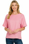 Zenana Linen Round Neck Cuffed Sleeve Top