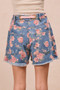 BiBi Braided Waist Belt Patch Pockets Floral Print Denim Shorts
