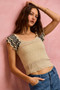 SO ME Wavy Textured Knit Top With Fluttered Sleeves