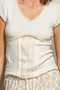 POL V-Neck Lightweight Textured Short Sleeve Knit Top with Lace Trim
