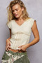 POL V-Neck Lightweight Textured Short Sleeve Knit Top with Lace Trim