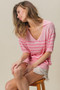 BiBi Stripe Short Sleeves Collared V Neck Top