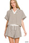Zenana Striped Collared Top & Shorts Set