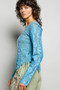 POL Round Neck Long Sleeve Exposed Seam Top with Lace Detail