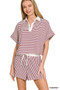 Zenana Striped Collared Top & Shorts Set