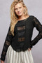 POL Round Neck Long Sleeve Exposed Seam Top with Lace Detail