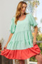 BiBi Two-Tone Balloon Sleeves U Neck Tiered Ruffle Hem Mini Dress