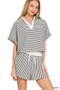 Zenana Striped Collared Top & Shorts Set