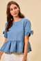 SO ME Denim Bow Detail Short Sleeves Peplum Top