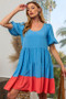 BiBi Two-Tone Balloon Sleeves U Neck Tiered Ruffle Hem Mini Dress