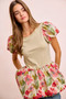 BiBi Floral Printed Bubble Sleeves and Hem Peplum Top